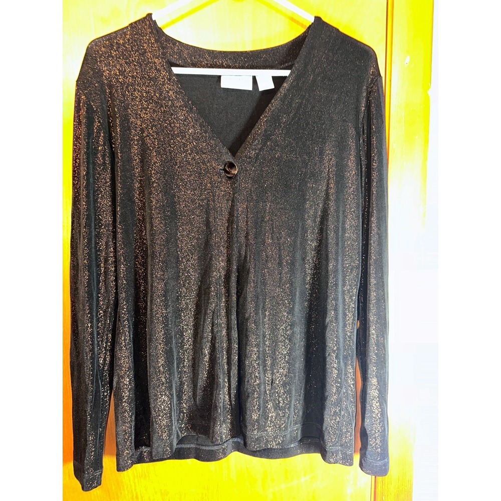 Chico's Travelers Jacket Size 1 Black Bronze Sparkle Glitter Bling Stretch Butto